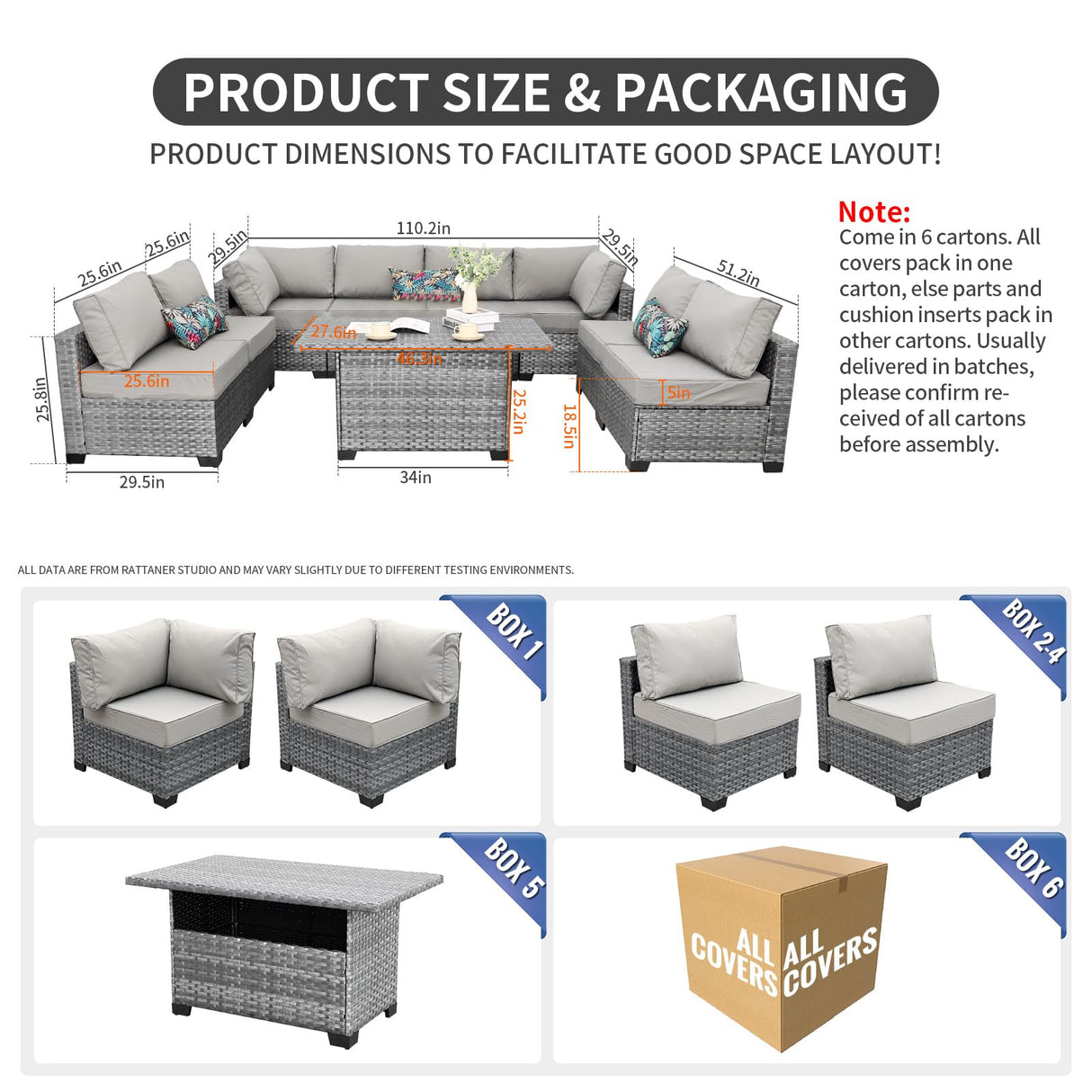 Rattaner 9-Piece Outdoor Sectional Wicker Furniture Set Patio Furniture Conversation Couch Set Large-size Storage Table with Thicken(5") Anti-slip Light Grey Cushions Furniture Cover Rattaner