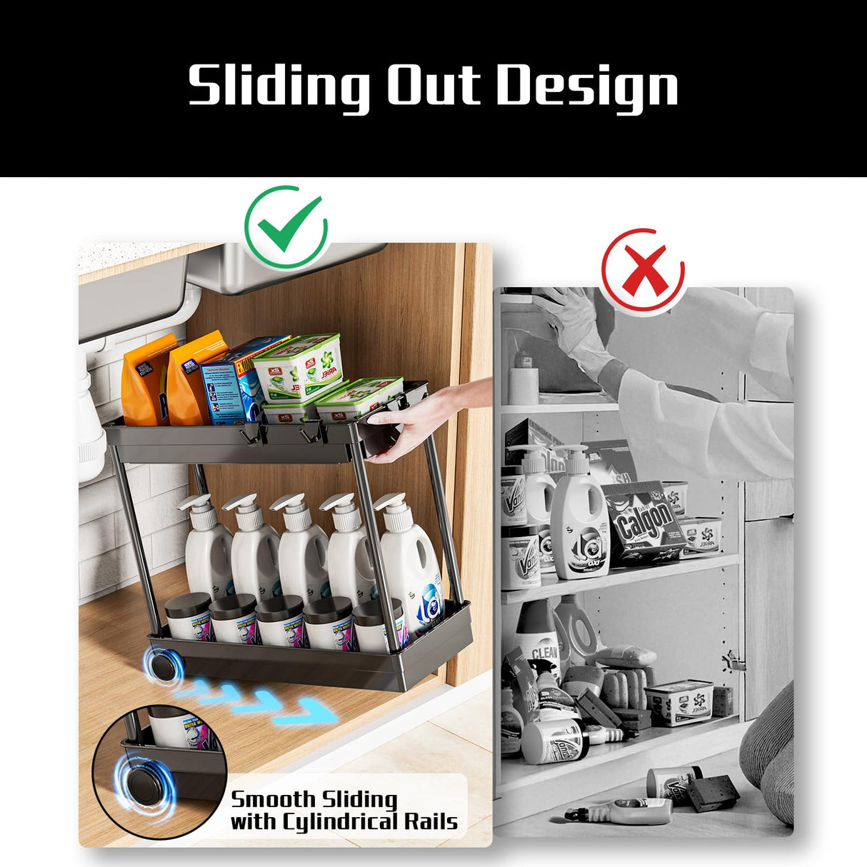 Cicilyna 2 Pack Under Sink Organizer, 2 Tier Bathroom Cabinet Organizers and Storage with Hook, Multi-purpose Storage Basket Shelf for Kitchen, Black Cicilyna