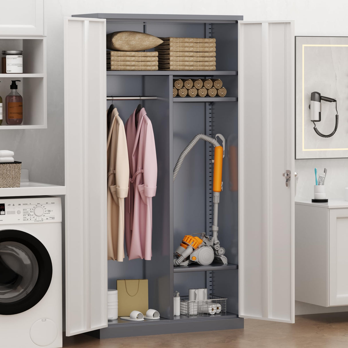 INTERGREAT Metal Storage Cabinet, 72" Armoire Wardrobe Closet with Doors, Storage Cabinet with Doors and Shelves,Tall Cabinet for Home Office, Bedroom, Laundry Room(New Gray) INTERGREAT