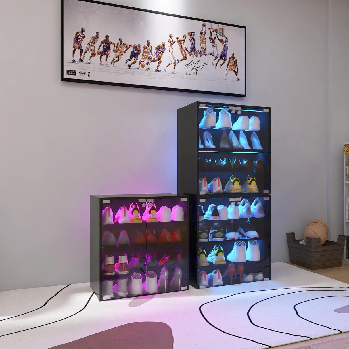 Veemuaro Shoe Storage Box, Wooden Shoe Storage Box with Glass Door, Shoe Organizer Storage Box with RGB Led Light and APP Control for Up To 8-12 Pairs of Shoes, Shoe Storage Bin For Display Sneakers Veemuaro