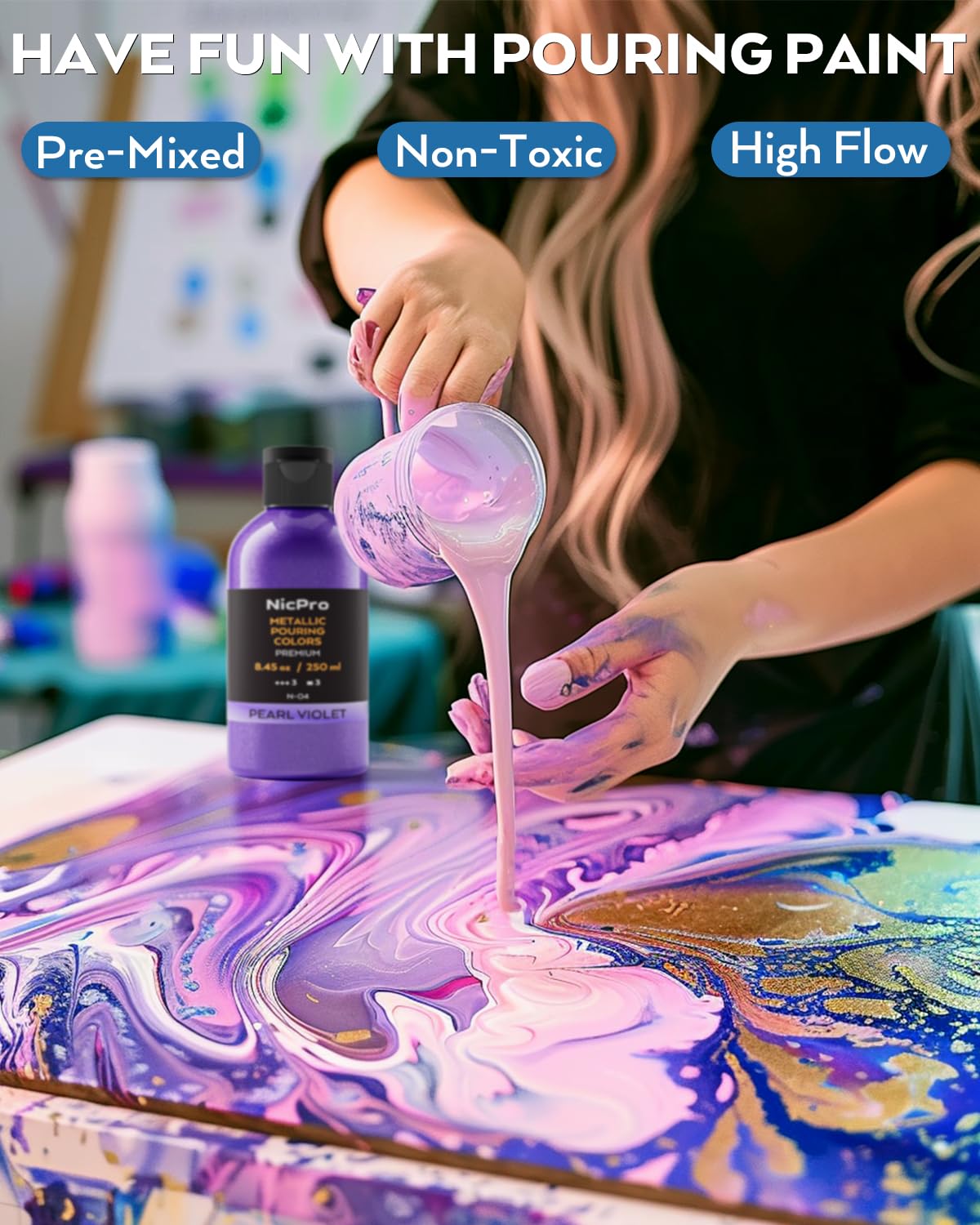 Nicpro 8 Colors 8.45oz Metallic Acrylic Pour Paint Supplies Kit, Large Volume Ready to Pour Premixed High Flow Pouring Paint Set with Silicone Pouring Oil, Gloves, Instructions for Beginner DIY Nicpro