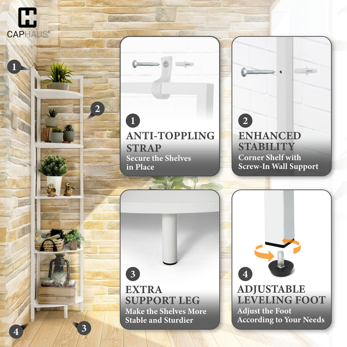 CAPHAUS 5-Tier Corner Shelf, Tall 59.1-Inch White Metal Frame Display Rack, Bookshelf Unit for Bathroom, Living Room, Home, Office CAPHAUS