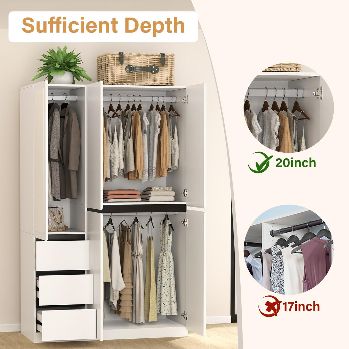 Wakefit 5 Door Armoire Wardrobe Closet with 3 Drawers & Mirror, Wooden Bedroom Armoires with Shelves and Hanging Rod, Freestanding Wardrobe Cabinet for Bedroom, Guest Room (White) Wakefit