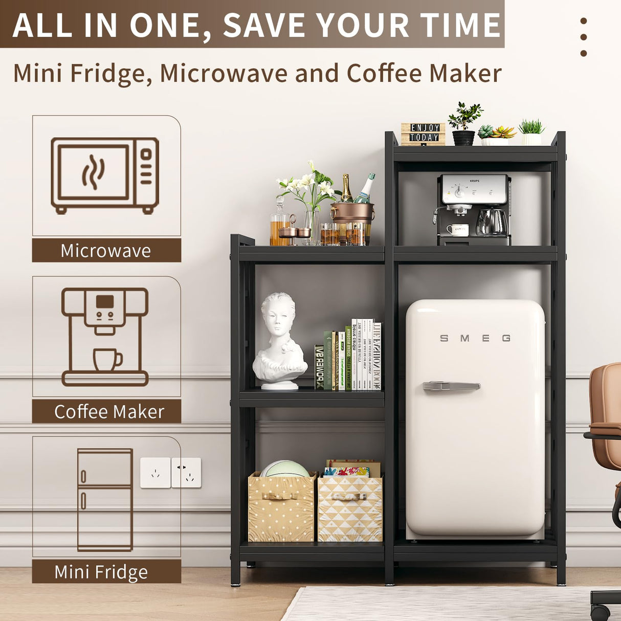 YCHF 6-Tier Kitchen Bakers Rack, Utility Storage Shelf, Mini Fridge & Microwave Oven Stand Table, Coffee Bar, Adjustable Kitchen Shelves Freestadning for Home Office (Black Wood Grain) YCHF