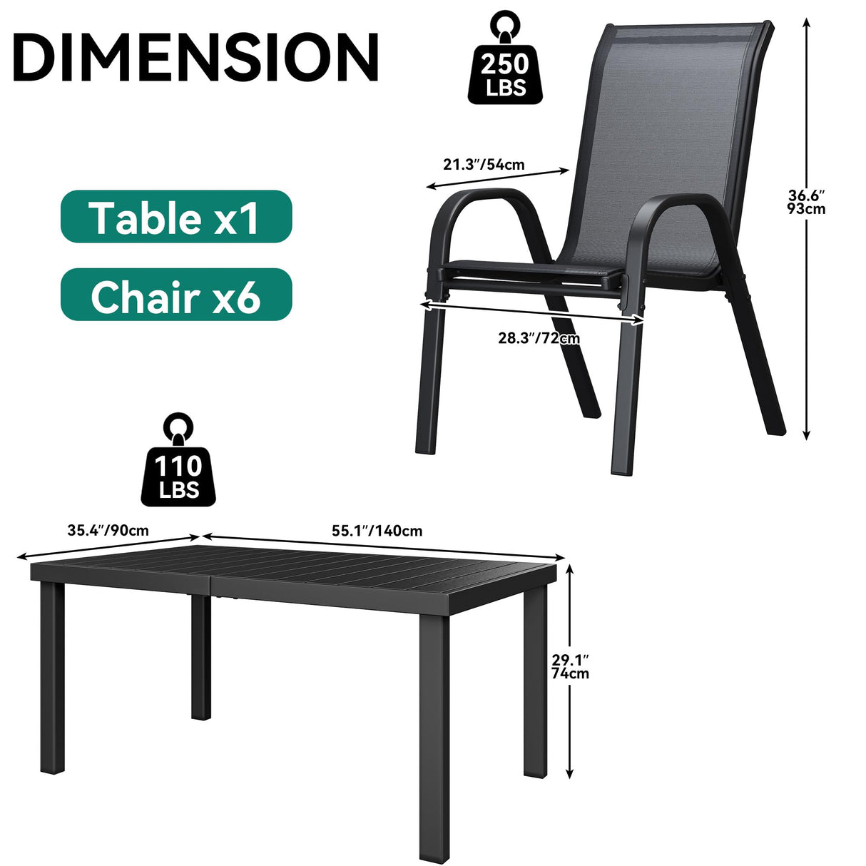 YITAHOME Stackable Patio Dining Set for 6, Breathable Outdoor Dining Set w/55 Aluminum Patio Table & 6 Stackable Patio Chairs Set, All Weather Outdoor Patio Dining Set for Backyard Deck Porch, Black YITAHOME