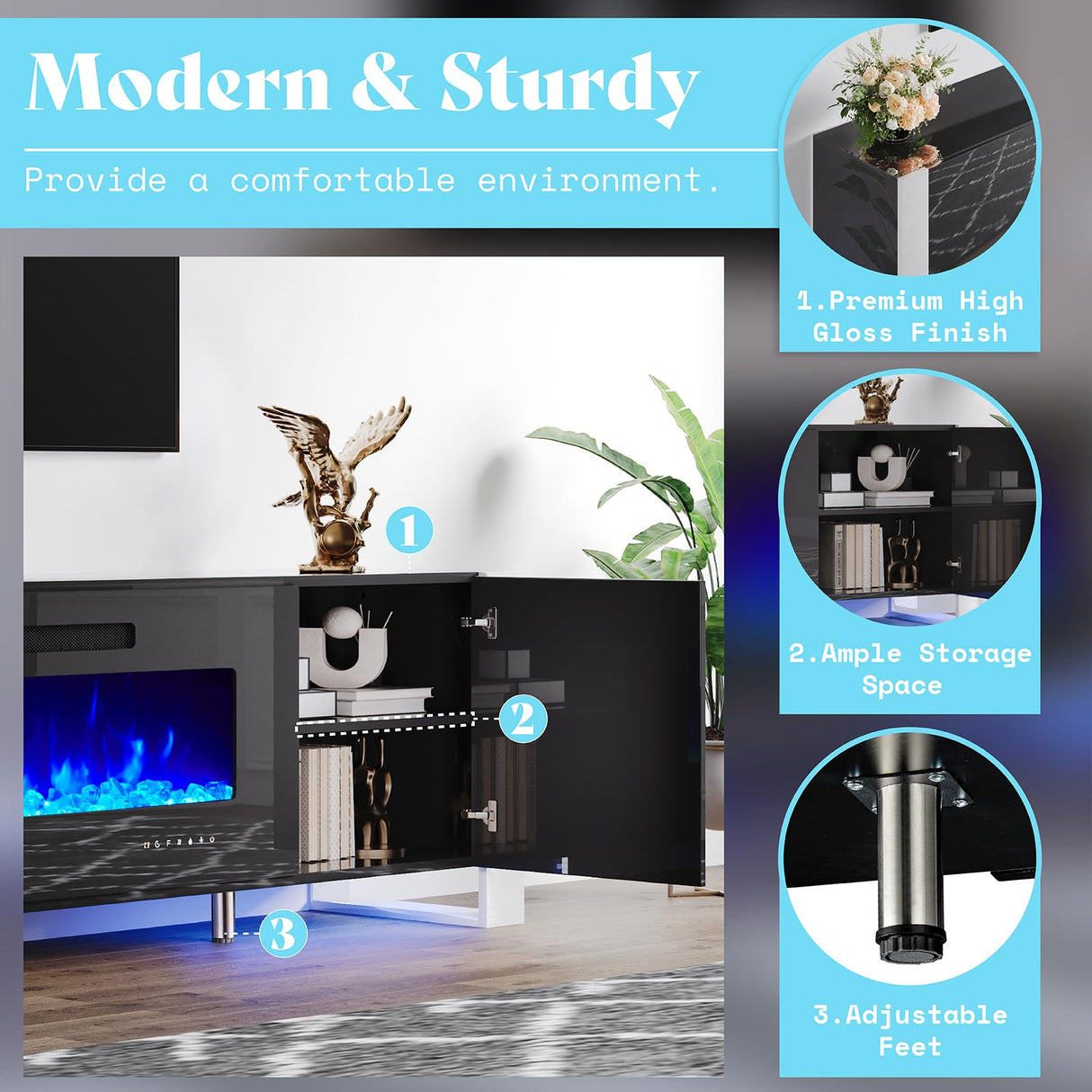 AMERLIFE 80" Modern TV Stand with Electric Fireplace & 2 LED Bookcases - Black Entertainment Centre for TVs Up to 90" AMERLIFE