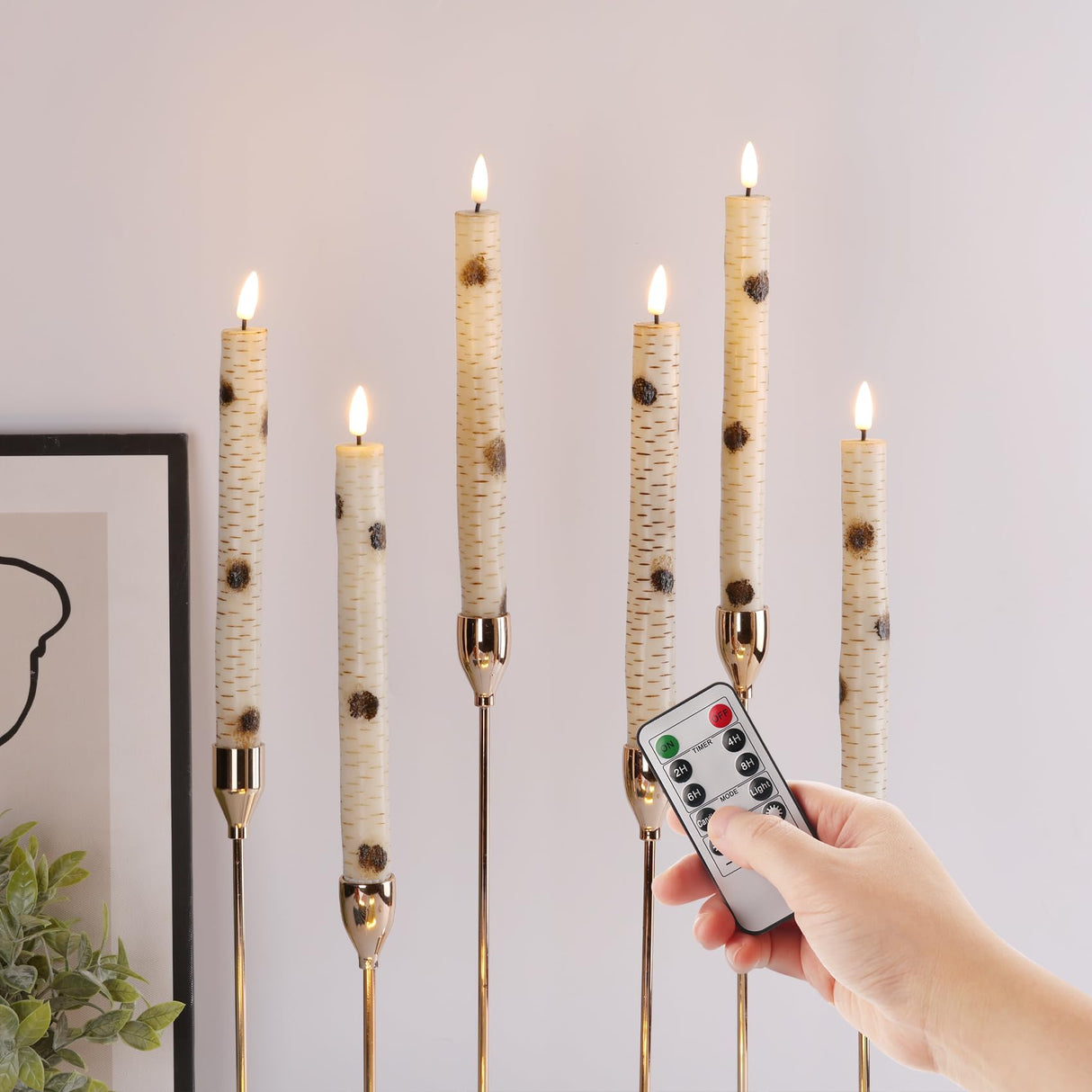 Eywamage Birch Bark LED Taper Candles with Remote, Battery Operated Wood Candles, LED Wax Candlesticks Set of 6 Eywamage