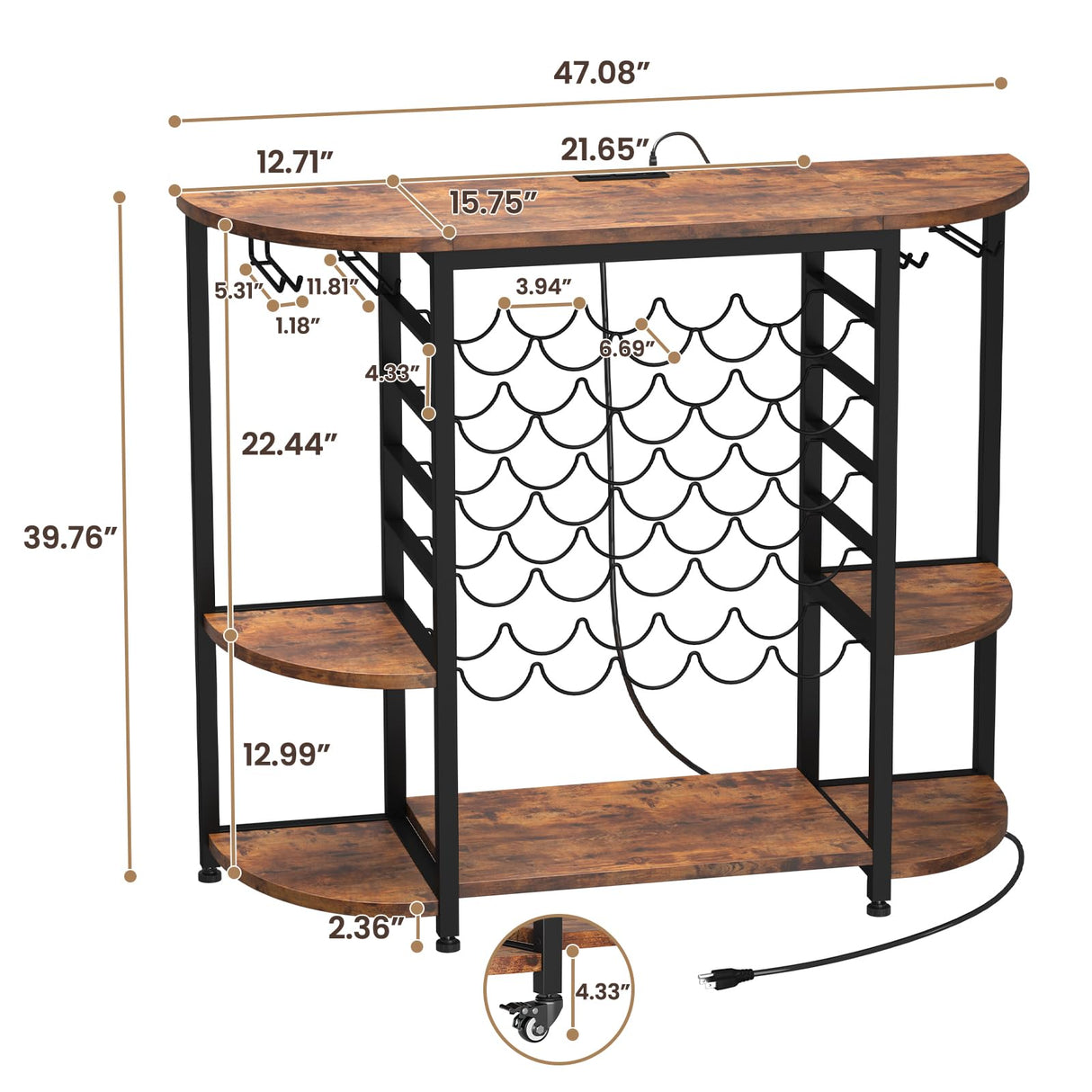 Dripex Wine Bar Table Cabinet with Power Outlet, LED Home Mini Bar Coffee Cabinet for Liquor, Metal Wine Bar Stand with 5-Tier Bottle Storage Shelves, Wine Racks with Glass Holders Dripex