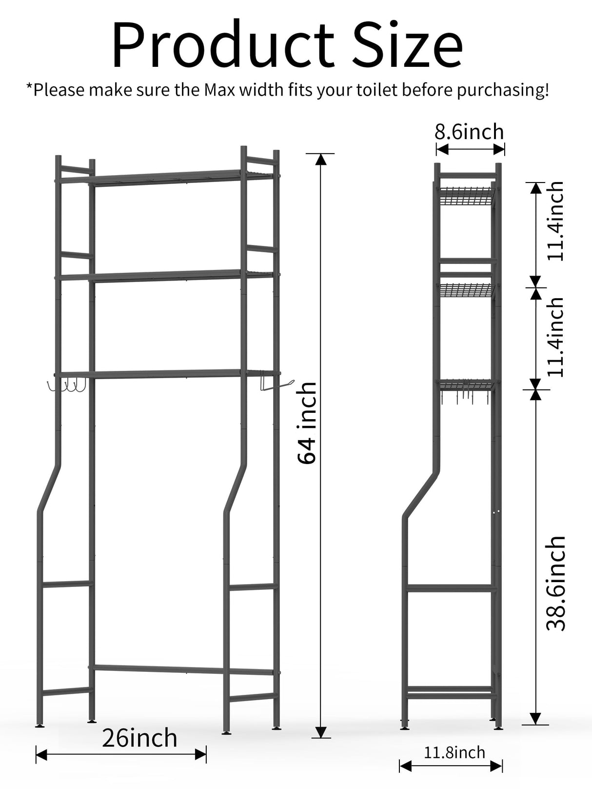GloTika 3-Tier Over The Toilet Storage, Space Saver Metal Bathroom Shelves, Freestanding Above Over Toilet Storage Shelf with 4 Hooks for Bathroom, Black GloTika