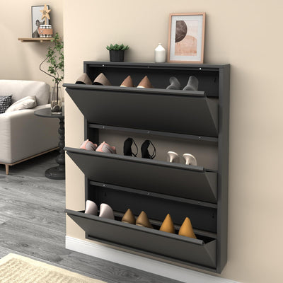 LUCYPAL Shoe Cabinet Storage for Entryway,Black Metal Shoe Cabinet with 3 Flip Drawers,Narrow Wall Shoe Storage Cabinet for Entryway,Hallway,Living Room,Require Assembly