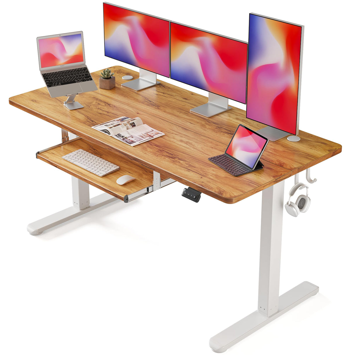 FEZIBO Standing Desk with Keyboard Tray, 60 × 24 Inches Electric Height Adjustable Desk, Sit Stand Up Desk, Computer Office Desk, Light Rustic FEZIBO