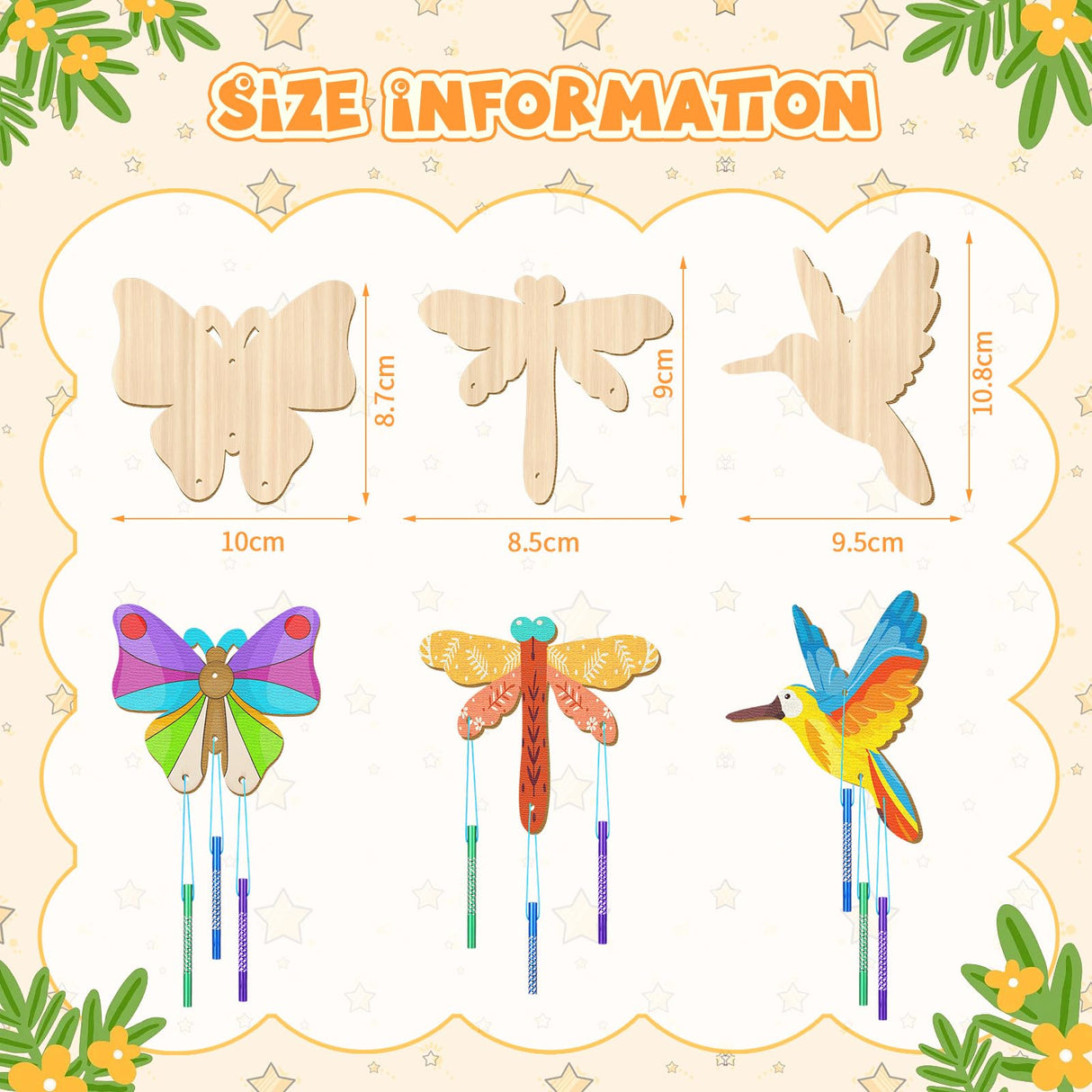 Leinuosen 30 Pcs Wind Chime Kit Hummingbird Wooden Wind Chimes Decorative Butterfly Windchimes Hanging Dragonfly DIY Wind Chimes for Kids Indoor Outdoor Garden Home Patio Party Crafts Decorations Leinuosen