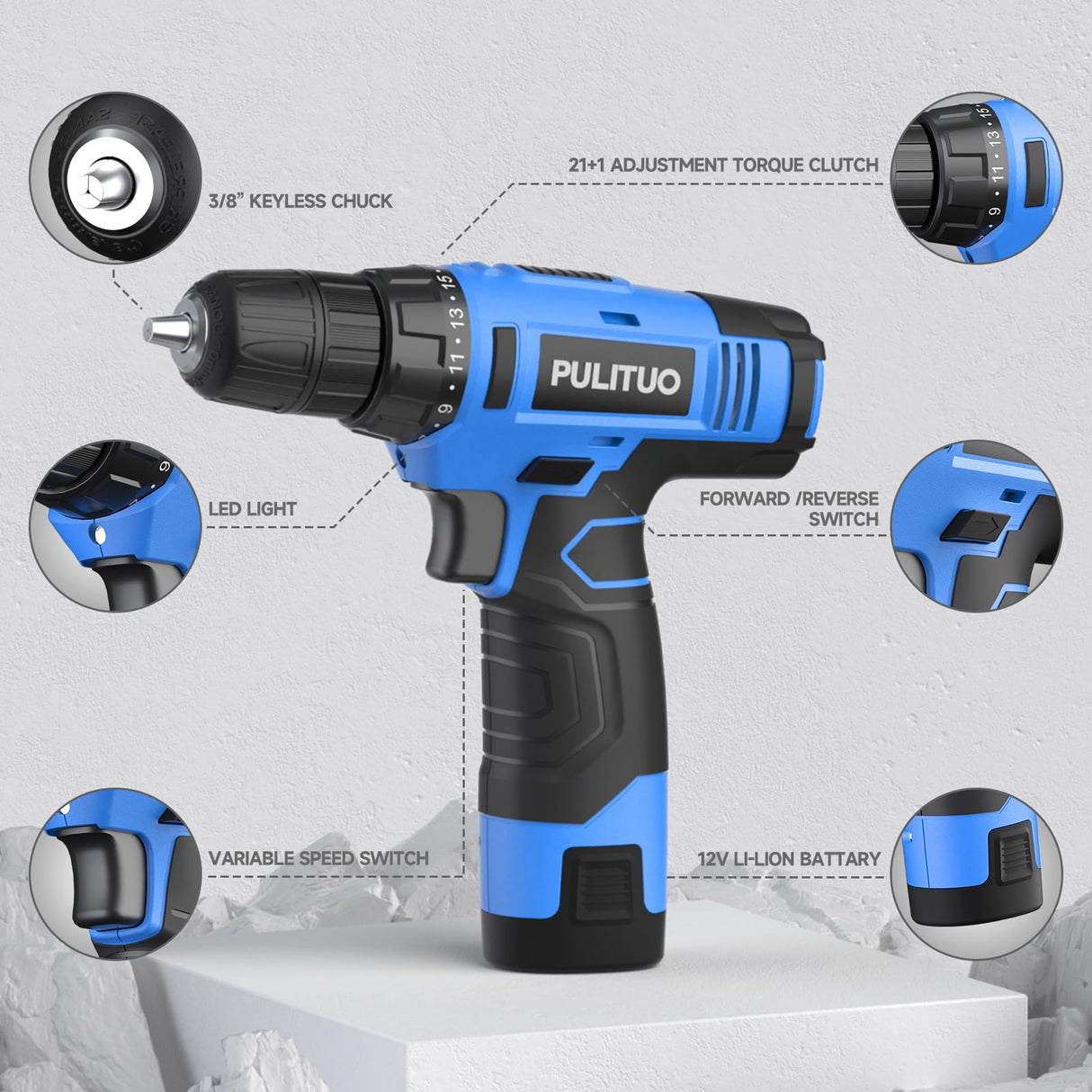 PULITUO 12V Blue Cordless Drill Set Power Drill Kit with Battery and Charger,electric drill home improvement,3/8-Inch Keyless Chuck,Built-in LED,21+1 Torque Setting small drill PULITUO