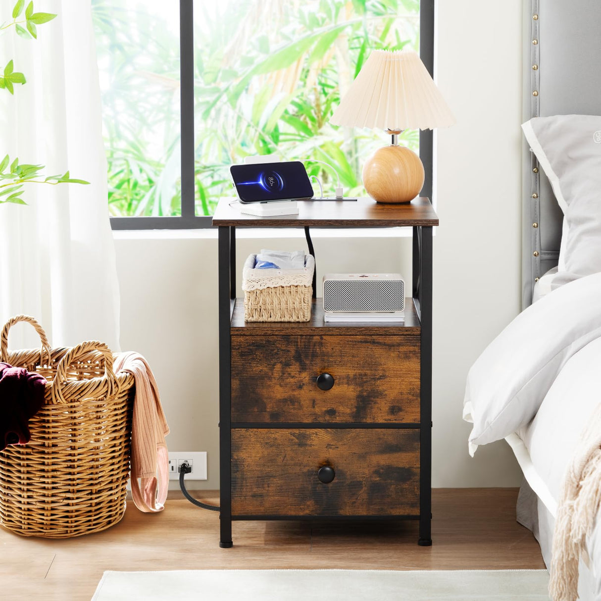 AMHANCIBLE Night Stand Set 2, Nightstand with Charging Station, End Tables Living Room with USB Ports and Outlets, Bedside Tables with Fabric Drawers for Bedroom, Rustic Brown HET05XBR AMHANCIBLE