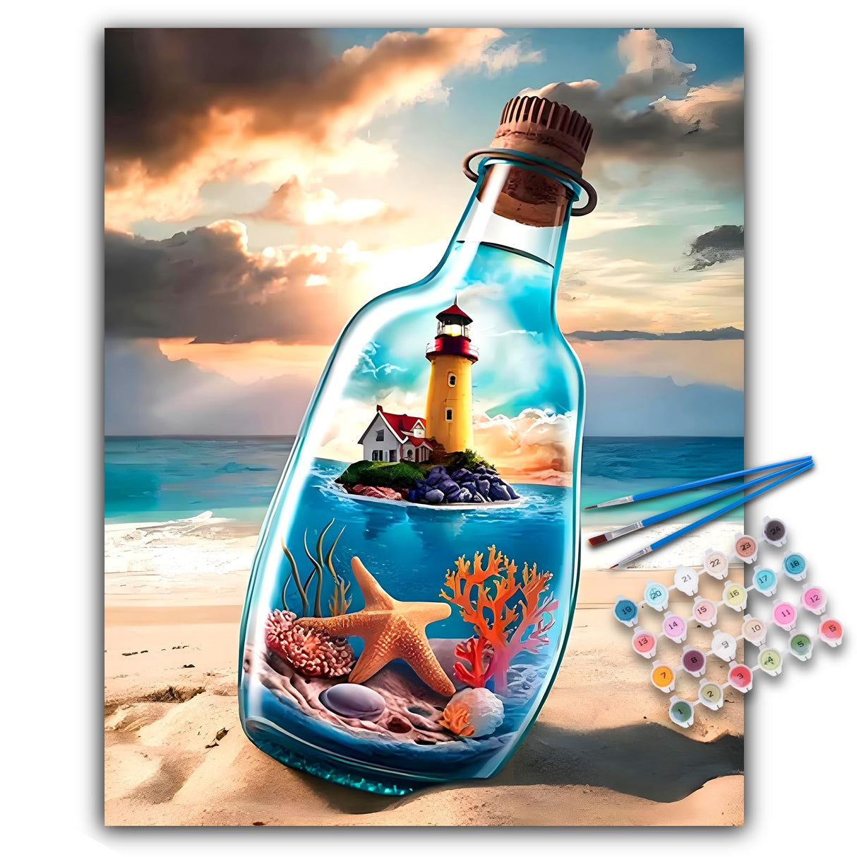 Paint by Numbers Kit for Adults - Beach Bottle Acrylic Adult Paint by Number Kits on Canvas for Beginner, Seaside Lighthouse DIY Oil Painting by Numbers for Adults, Perfect for Home Decor Gift 16"x20" Offito