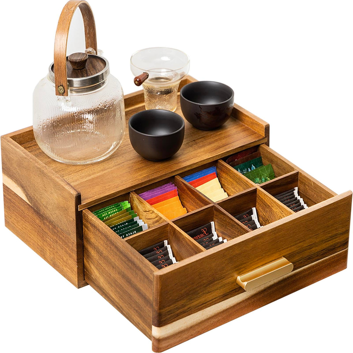 Acacia Wood Tea Bag Organizer, Tea Organizers and Storage Box, Tea Caddy for Tea Bags Storage Drawer, Teabag Holder Container Boxes for Countertop, Tea Station Chest Display Wooden, Organizador De Te FLYIEE