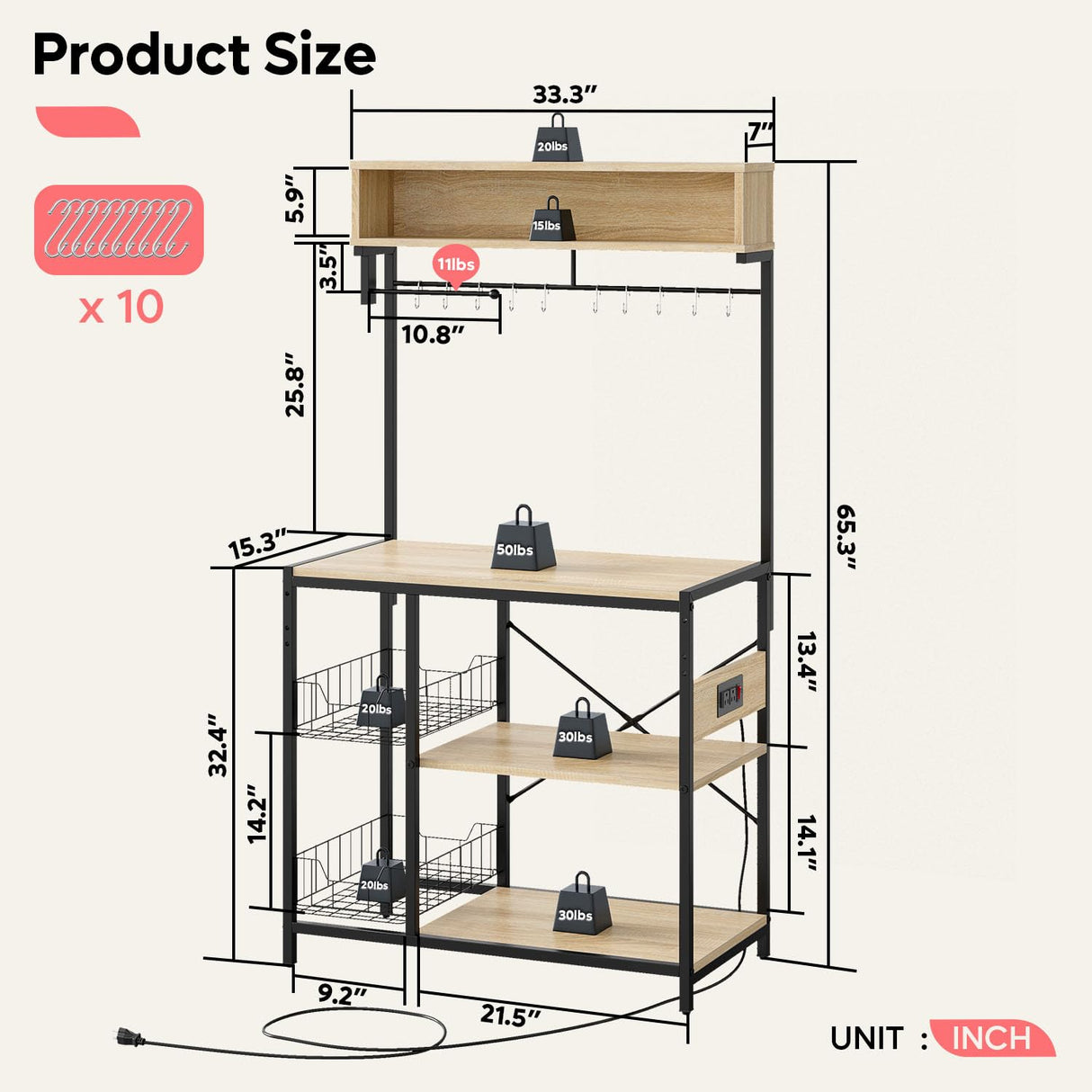 Bestier Oak Bakers Rack with Power Outlet and Storage Baskets - Microwave Stand & Coffee Bar Organizer Bestier