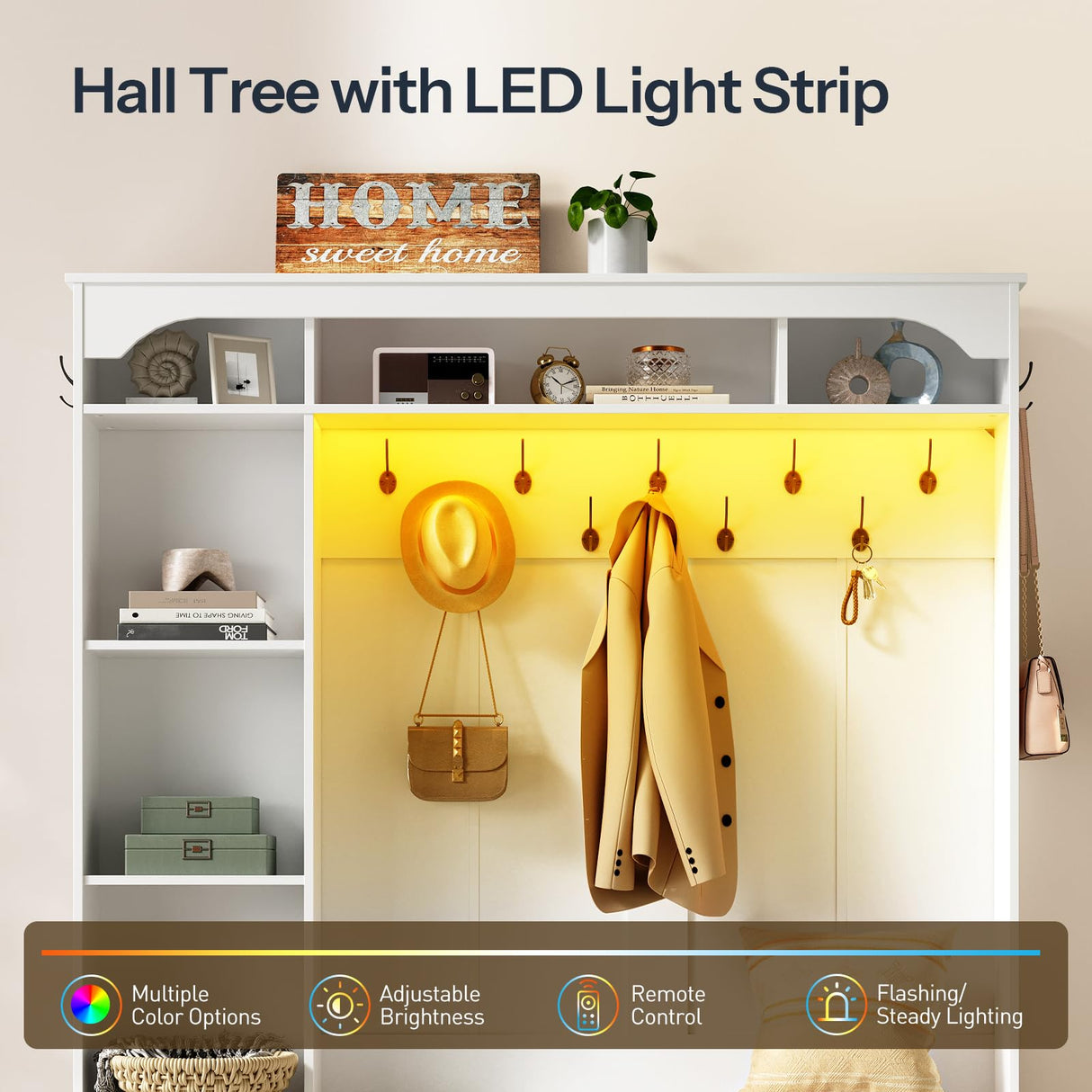 HOOBRO Hall Tree with Bench, 59" Entryway Bench with Coat Rack and Shoe Cabinet, LED Farmhouse Hall Tree with Shoe Storage, 13 Shoe Cubbies and Barn Doors, Wooden, Mud Room, White WT190DMT01 HOOBRO