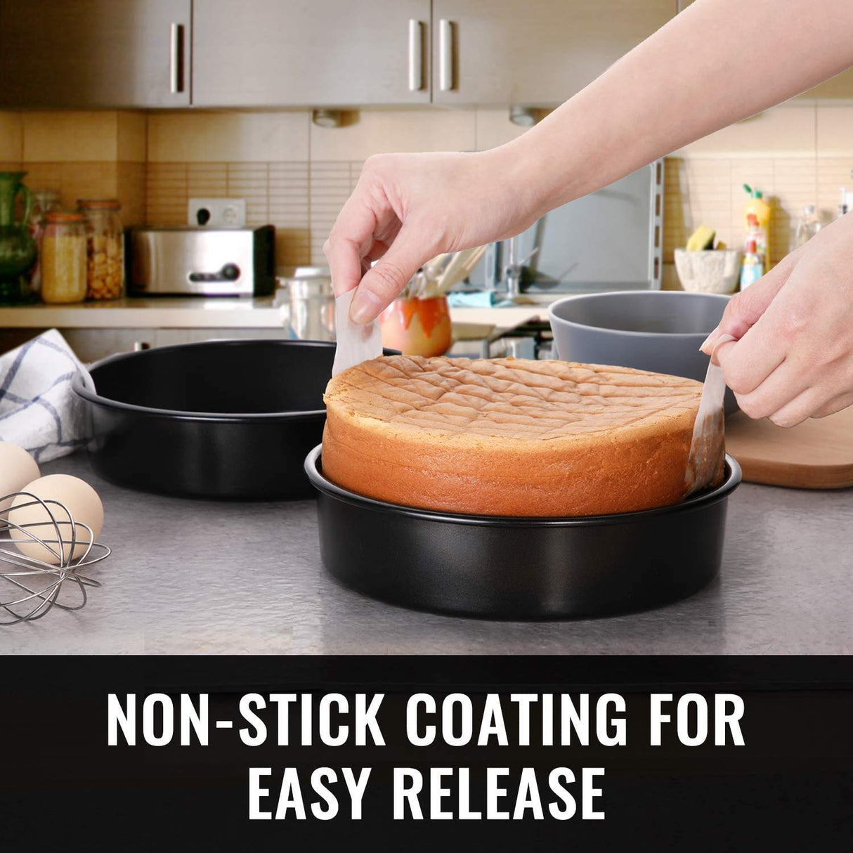 HIWARE 8-Inch Round Cake Pan Set of 3, Nonstick Baking Cake Pans with 90 Pieces Parchment Paper, Dishwasher Safe HIWARE