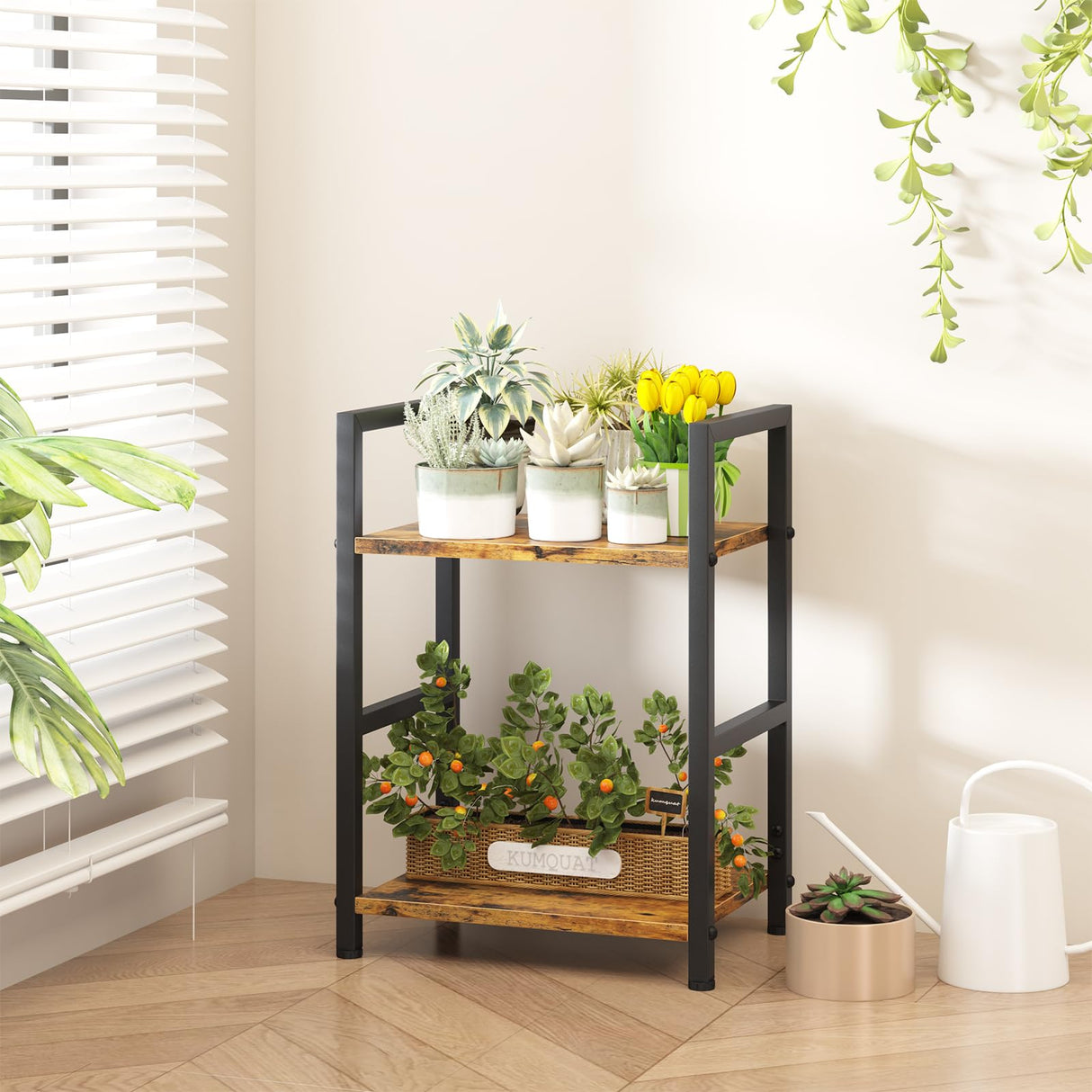 Katrawu Small Bookshelf for Small Space, 2 Tier Industrial Bookcase,Narrow Book Case Storage Organizer Book Shelf for Living Room, Bedroom and Office, Easy Assembly(2 Tier,Rustic Brown) Katrawu