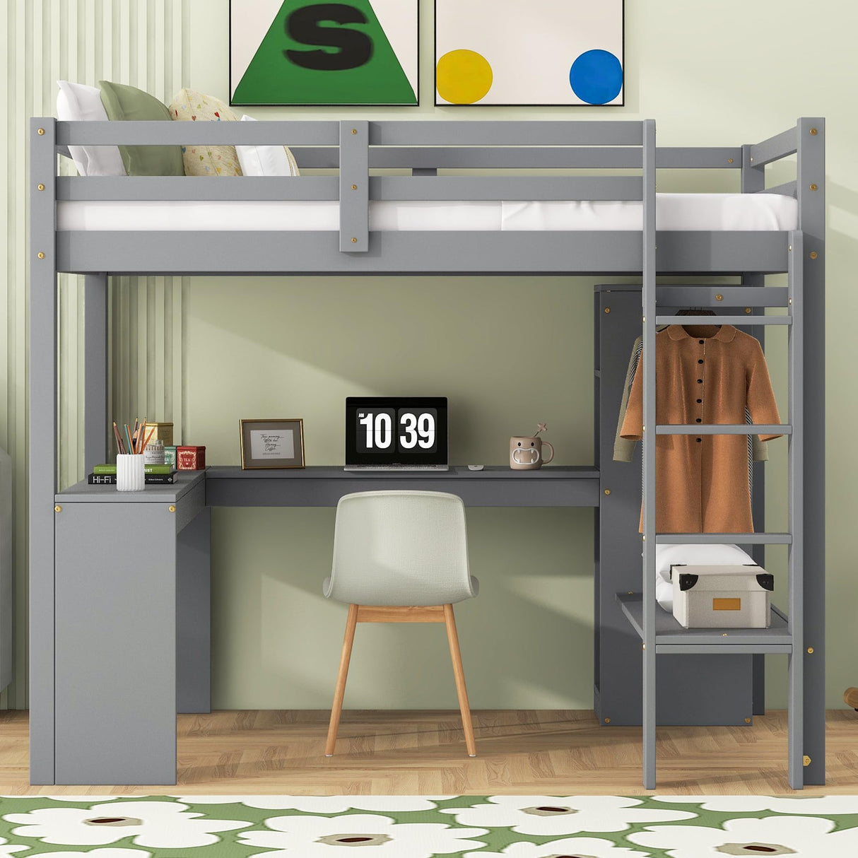Janusline Twin Size Loft Bed Frame with Built-in L Shaped Desk, Wood Loft Bed with Wardrobe and Storage Shelves, Full-Length Guardrail & Ladder, Heavy Duty Lofts Beds for Teens Adults, Grey Janusline