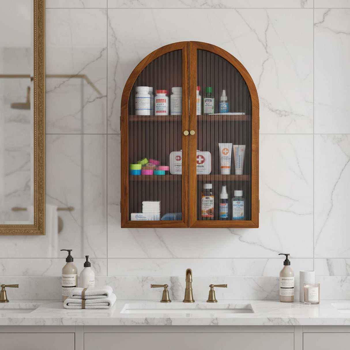 MyGift Arched Wall Cabinet,Bathroom Medicine Wall Mounted Cupboard,Mid Century Style Floating Storage Cabinet with Glass Door,Natural Acacia Wood MyGift