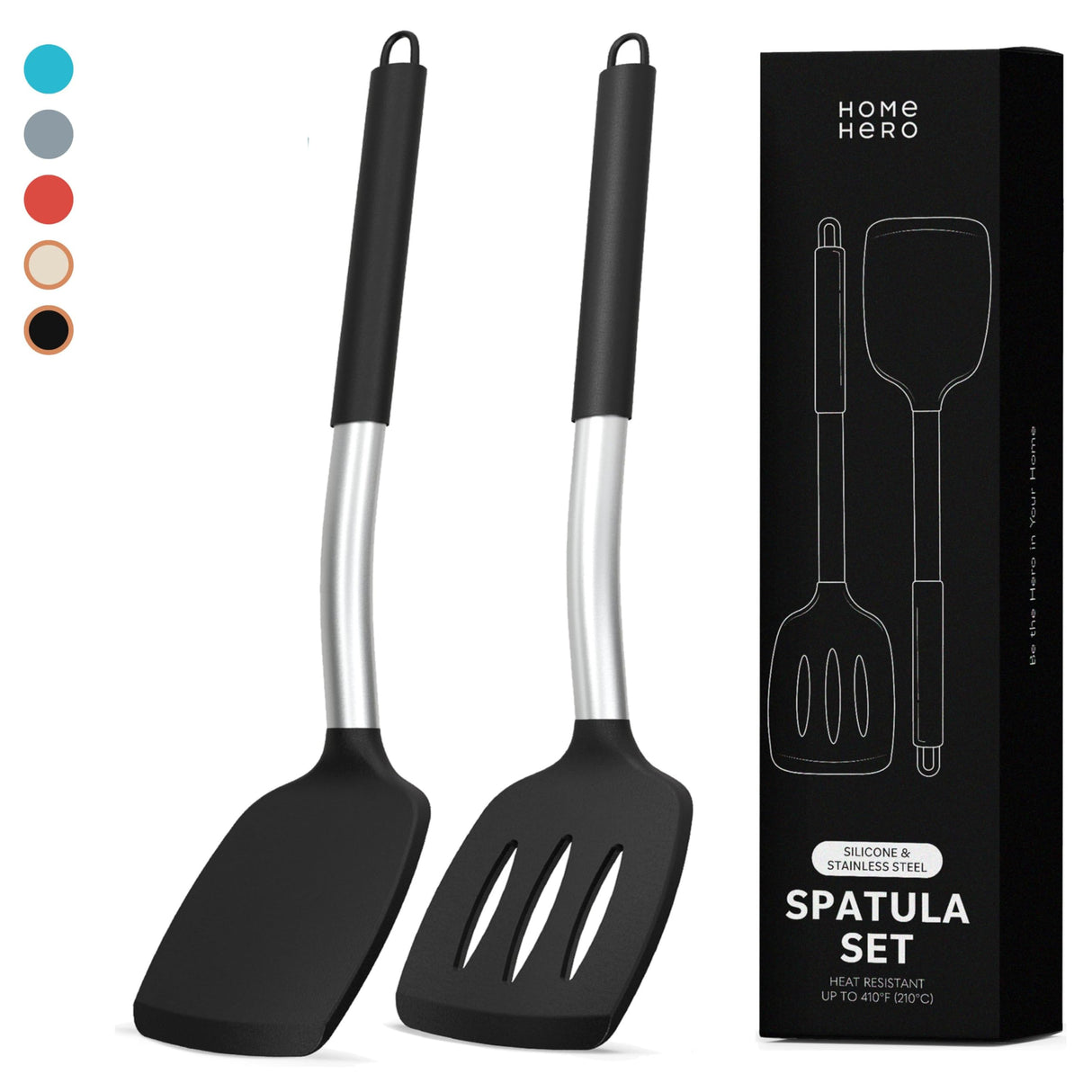 Home Hero Silicone Spatula Set with Ergonomic Handles - Stainless Steel High Heat Resistant Solid & Slotted Turner, BPA Free Non Stick Kitchen Utensils Set - Rubber Spatula (2 Pcs - Black) Home Hero