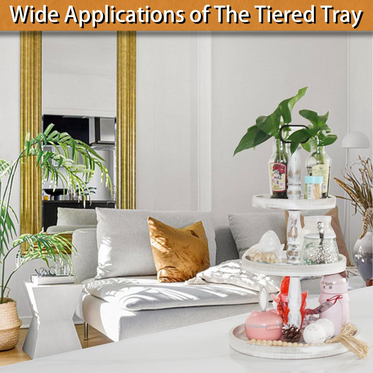 Krismax Decorative Tray - Cupcake Stand Three Tiered Tray Stand, Rustic Round Farmhouse Style Tiered Tray Decor, Farmhouse 3 Tiered Serving Tray, Holiday Decoration (White) Krismax