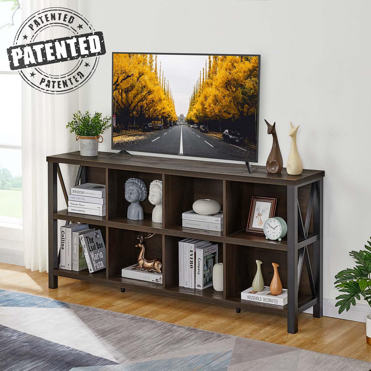 FATORRI Rustic 8-Cube Storage Organizer Bookshelf - Industrial Walnut Brown Bookcase for Living Room FATORRI