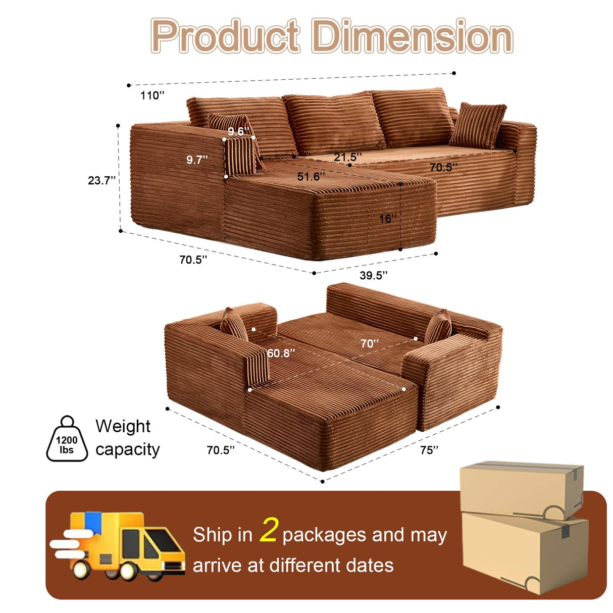 110" Modular Sectional Sofa with L-Shape Chaise, Boneless Cloud Couch with Deep Seat, Sponge Compression Sofas No Assembly Required, Upholstered Couches for Living Room Bedroom, Corduroy (Brown) ETCZOYE