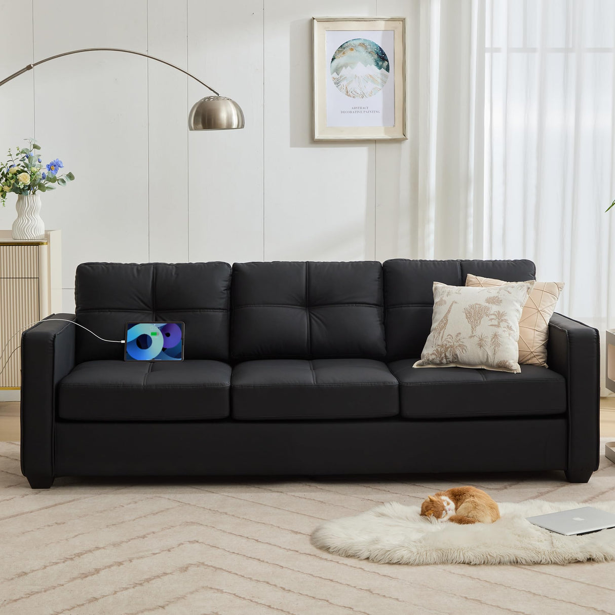 TYBOATLE 88" W Black Faux Leather Sofa Couches for Living Room, Mid-Century Modern Tufted Comfy Small Loveseat w/USB and Wide Arms, 3 Seater Office Cloud Couch for Small Space Apartment Bedroom TYBOATLE