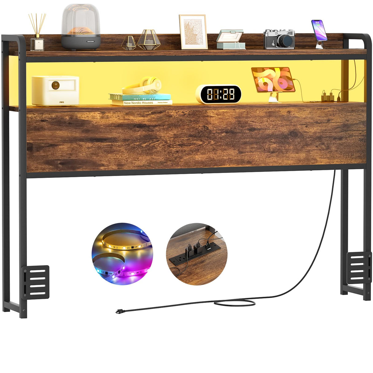 Aheaplus Headboard for Full Size Bed Frame, Headboards with Outlets, USB Ports and LED Light, Head Board with Storage, Height Adjustable, Sturdy and Stable Headboard, Full Size, Rustic Brown Aheaplus