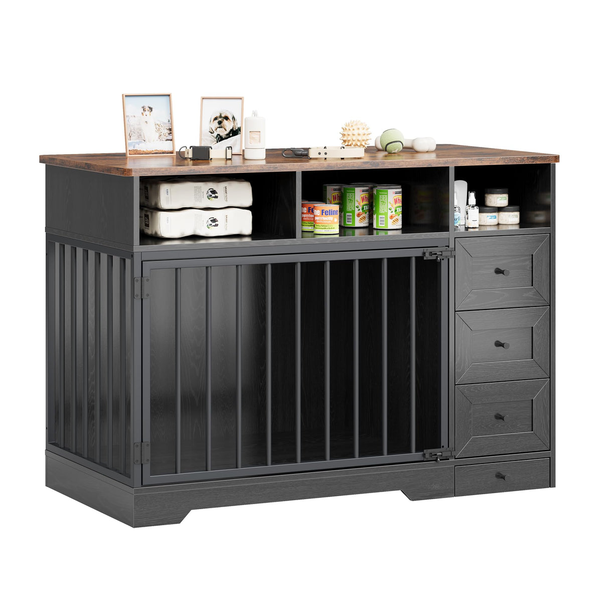 GarveeLife 48 Inch Large Dog Crate Furniture, Farmhouse Dog Kennel with Dog Bowl, 3 Drawers, 3 Open Drawers, Heavy Duty Dog Crate Table for Medium Small Dogs for Living Room, Entryway, Black GarveeLife