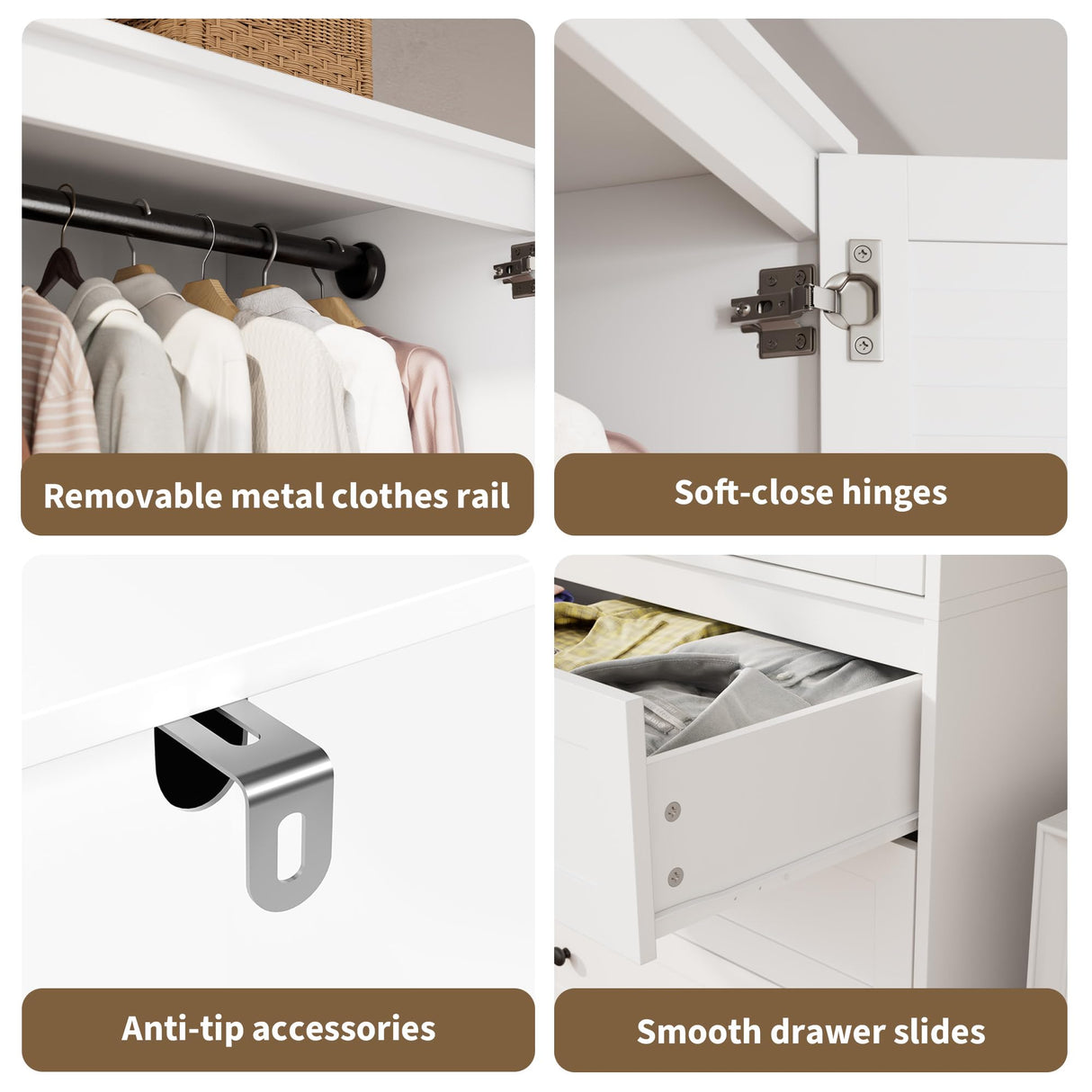 Senfot Armoire Wardrobe Closet with 3 Drawers and 2 Doors, Modern Wooden Wardrobe Cabinets for Hanging Clothes, Tall Standing Bedroom Armoires, Heavy Duty, White Senfot