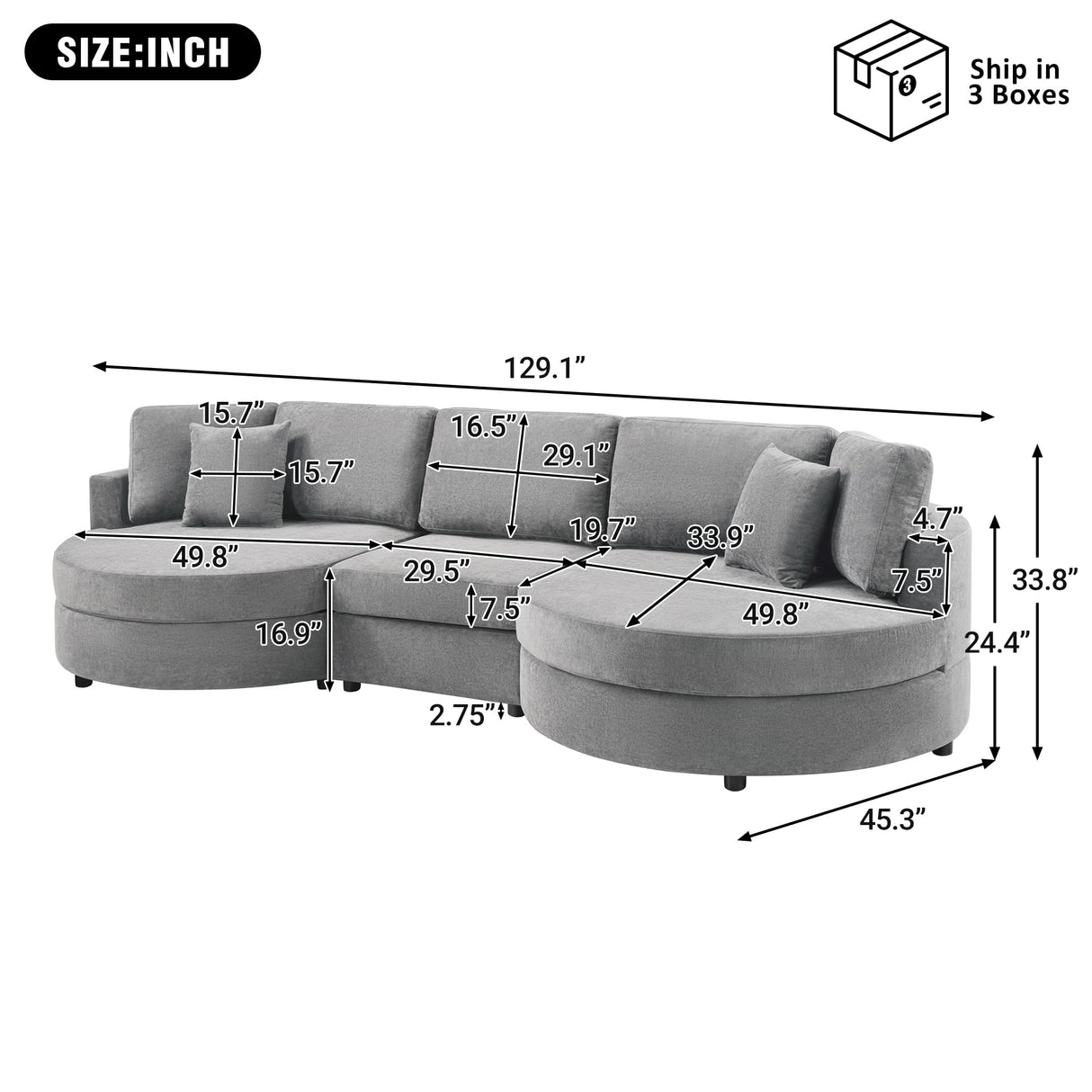 Christopher Knight Home Aekea 129" Upholstered Sofa Couch, Modern Curved 3-Seater Sofa with 2 Throw Pillows, Cozy Chenille Fabric Sectional Sofa Lounge Couch for Living Room Home Office, Dark Gray Christopher Knight Home
