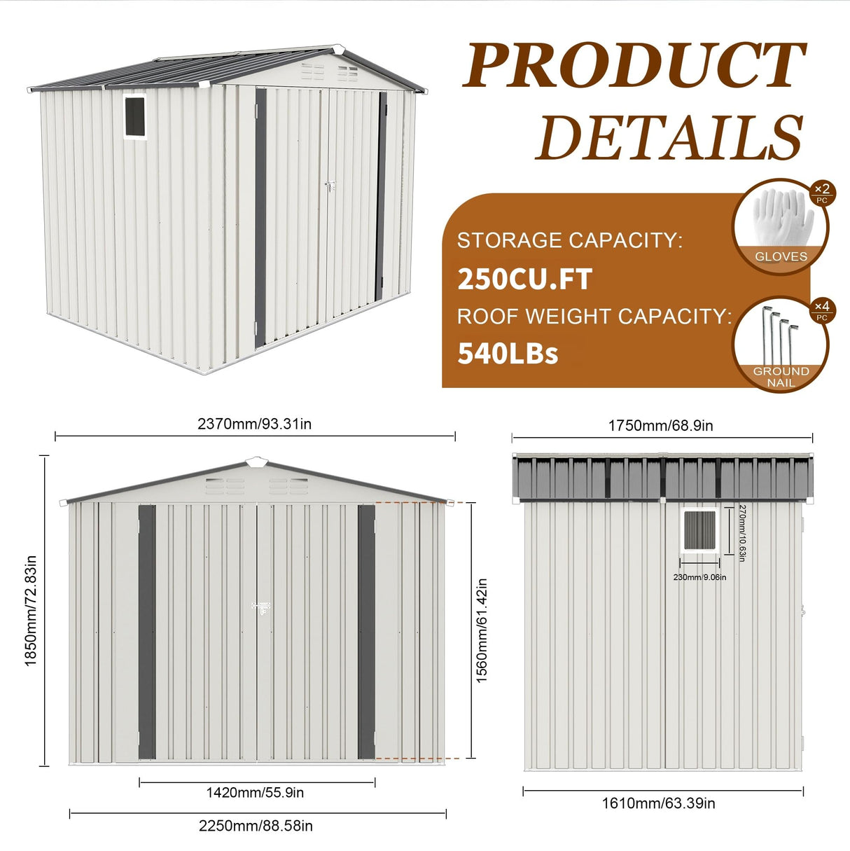 Vigo huseeo 8x5.7x6FT Storage Shed, Outdoor Galvanized Steel Garden Shed with Lockable Door & Window, Waterproof Metal Tool Storage for Garden, Backyard, Patio, Lawn Vigo huseeo