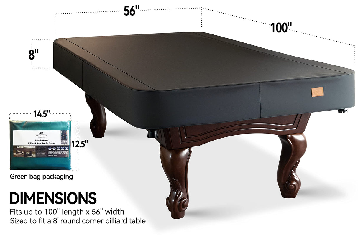 BearCover Heavy Duty Leatherette Billiard Pool Table Cover, Waterproof & Tearproof Covers for Pool Table 7/8/9FT Fitted (8 Feet/ Black) BEARCOVER