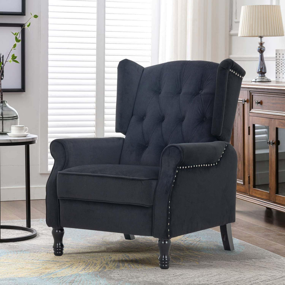 Altrobene Velvet Accent Chair, Push Back Recliner Chair, Wingback Arm Chair for Living Room/Bedroom/Home Theater/Reception Area, Black Altrobene