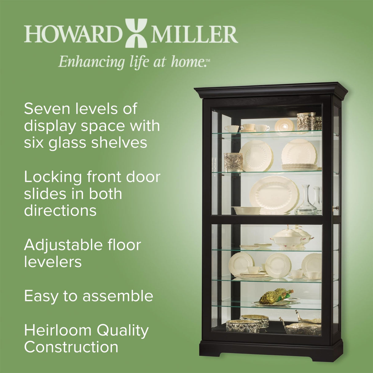 Howard Miller Tyler II Curio Cabinet - Modern Black Satin Storage Cabinet with Locking Glass Doors - Adjustable Shelves & Adjustable Levelers Perfect for Home Decor, Dining or Bedroom Display Howard Miller