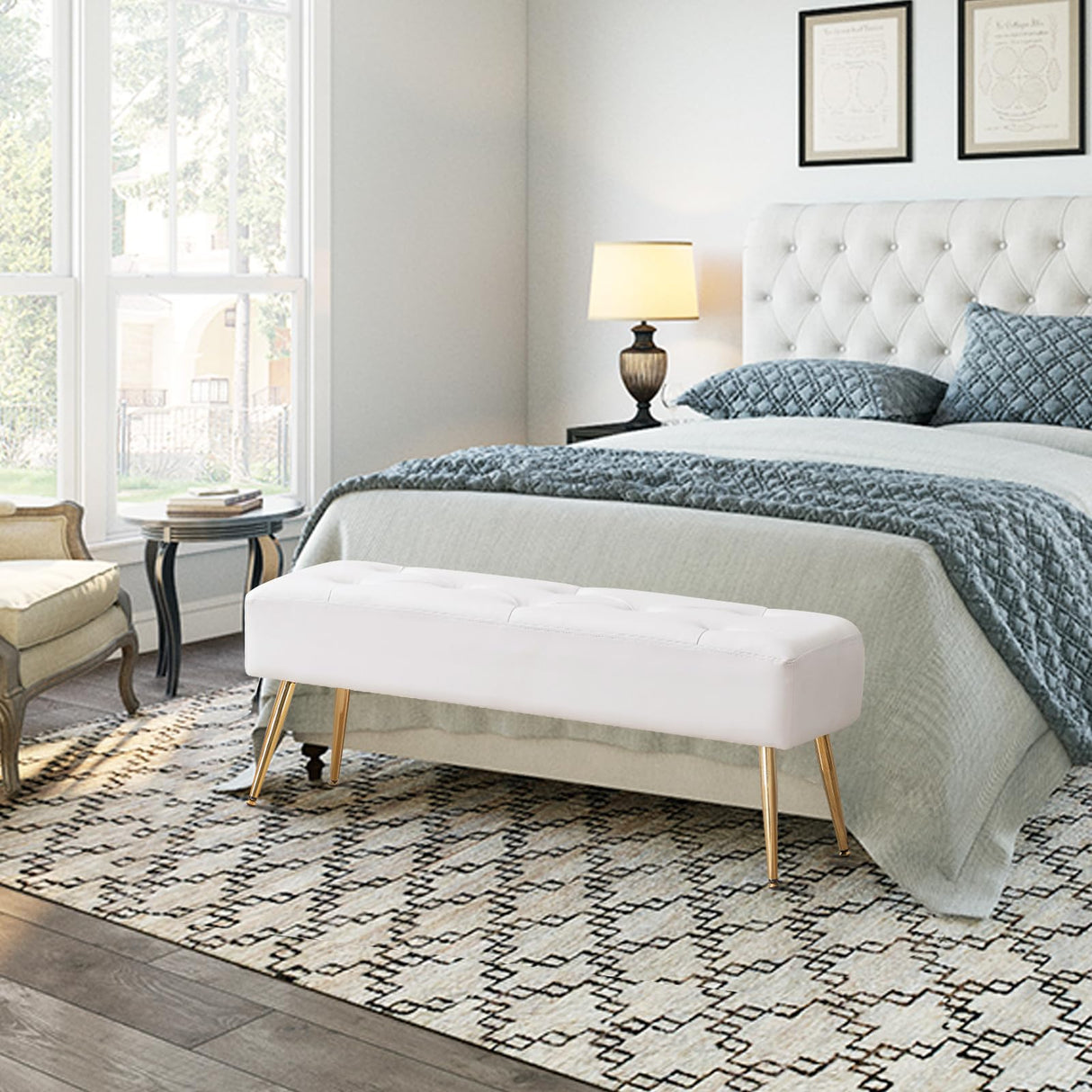 Furnimart Upholstered Tufted White Bench Ottoman with Padded Seat, Footrest Foot Stool with Sturdy Metal Leg, White Leather Bench for Bedroom Living Room Entryway Furnimart