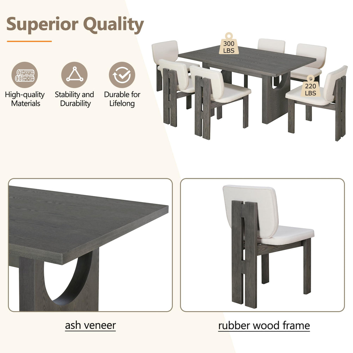 Merax Wood Dining Table Set for 6, Rectangular Tabletop/Upholstered Chairs/Retro Geometric Design, Ideal for Dining-Room and Kitchen, Grey Merax