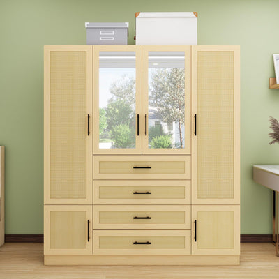 Sophshelter Rattan Armoire Wardrobe Closet: Closet Cabinet with 4 Doors 4 Drawers 2 Hanging Rods Shelves for Bedroom Closet Organizers and Storage with 2 Mirror 62.99''W x 18.9''D x 70.86''H