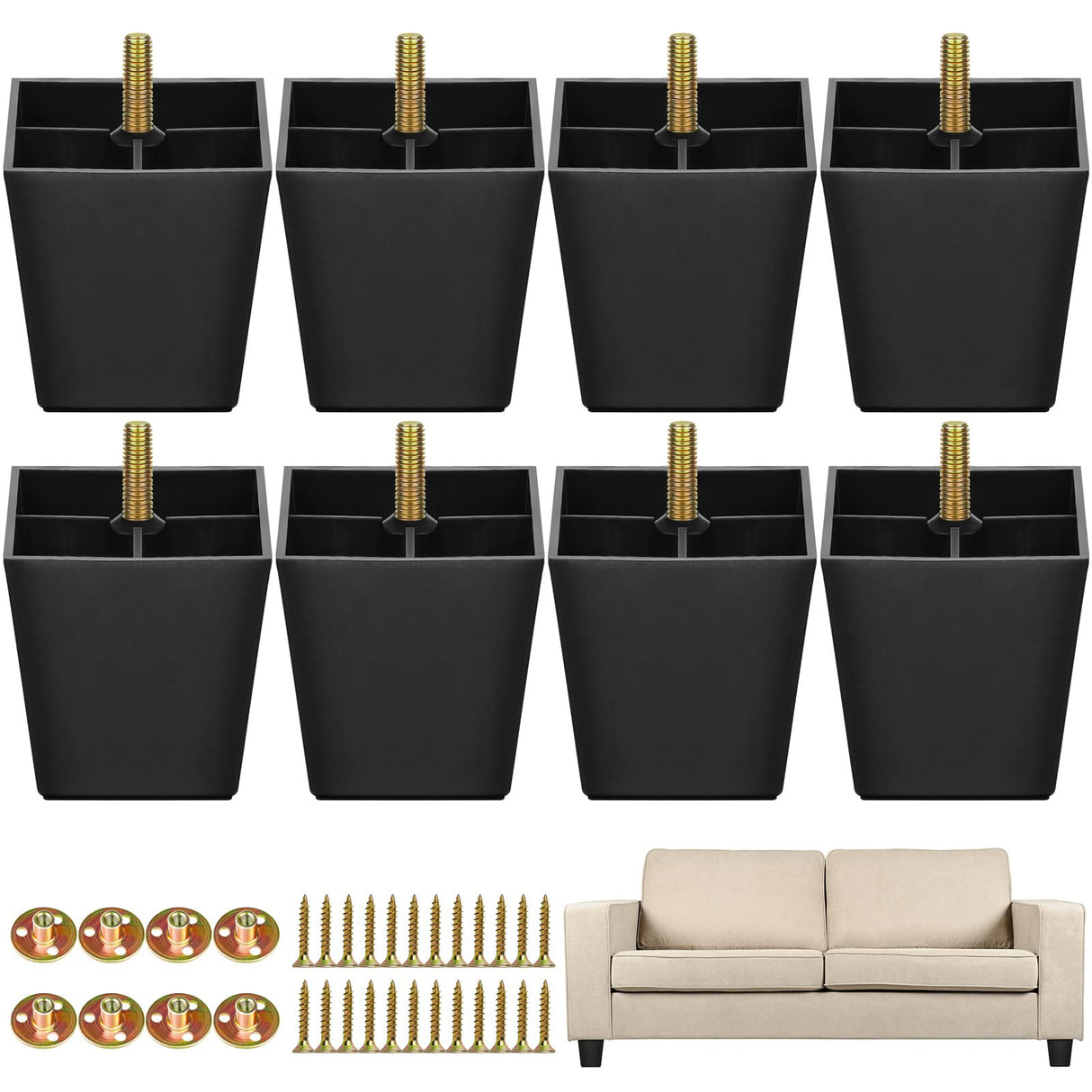 TURSTIN 8 Pack 3 Inch Furniture Legs Plastic Sofa Coach Legs Square Tapered Feet Sofa Legs with T-Nuts Screws for Legs Sofas Chairs Cabinets Dressers Beds, Black TURSTIN