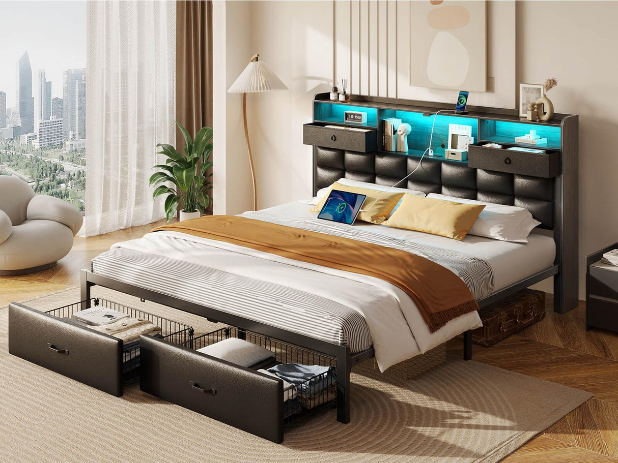 Rolanstar Bed Frame King Size with Drawers and Charging Station, Upholstered Platform Bed with Storage Headboard and LED Light, Heavy Duty Metal Frame Support, No Box Spring Needed, Noise Free, Black Rolanstar