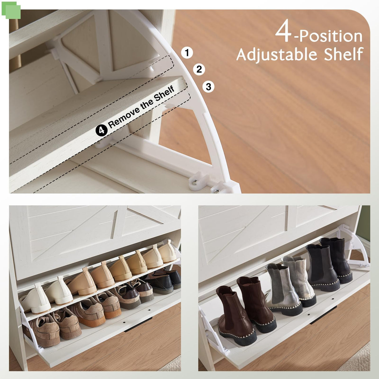 Barnyatoh Shoe Cabinet Storage for Entryway, Farmhouse Hidden Shoe Organizer with 2 Flip Drawers & 2 Drawers,Narrow Shoe Rack for Front Door Entrance with Adjustable Shelves (Antique White) Barnyatoh