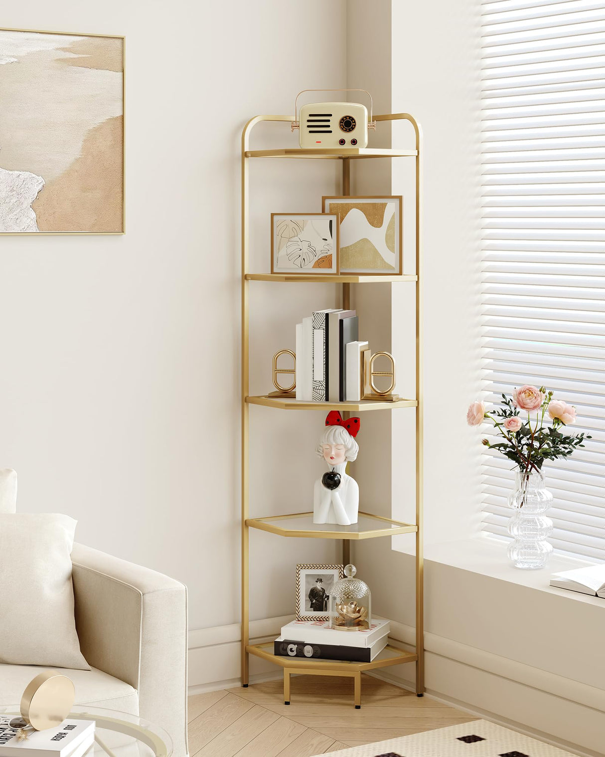 Hzuaneri Corner Shelf Stand, Glass Bookshelf Bookcase, Bathroom Organizer, Plant Stand, Steel Frame, Tempered Glass, Modern Style for Living Room, Bathroom, Kitchen, 5-Tier Golden CS90200G Hzuaneri