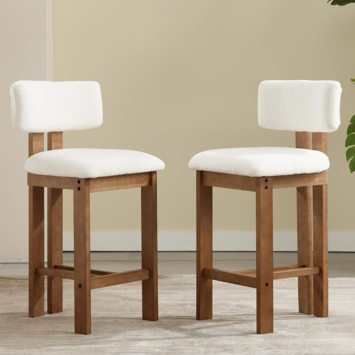 Shunzhi Upholstered Farmhouse Counter Height Bar Stools Set of 4 White Sherpa Barstools with Back/Solid Wood Legs, Modern Bar Chairs for Kitchen Island/Home Bar/Pub, 26 Inch Shunzhi