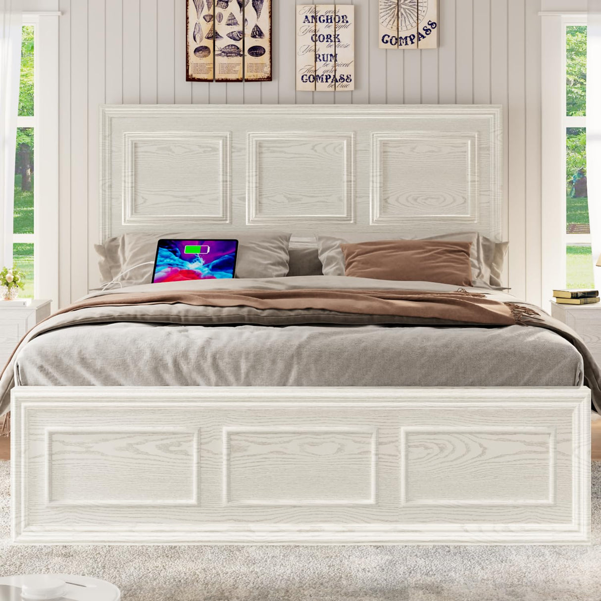 Incyneva Farmhouse Platform Full Bed Frame Wood with Adjustable Headboard, LED Light and Charging Station, No Box Spring Needed, Noise Free, Geometric Design & Antique White Incyneva