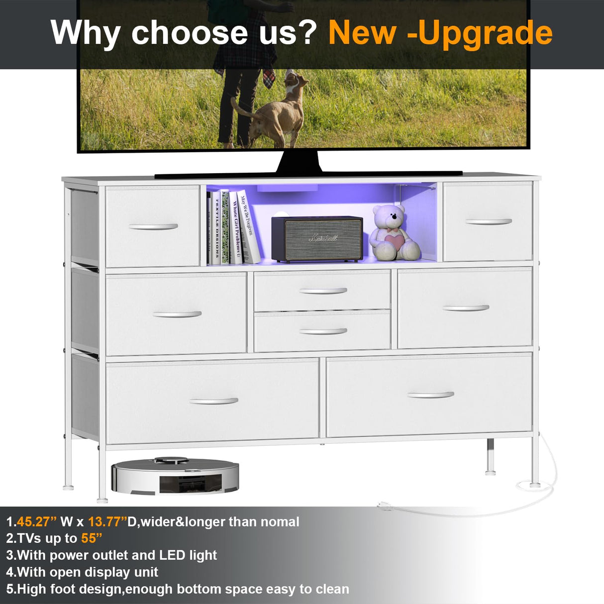 Simoretus Dresser with Charging Station and LED Light for Bedroom 8 Fabric Drawers with PU Finish Long Wide Dresser Chest of Drawers Open Shelf for Living Room TV Stand Closet Hallway (White) Simoretus