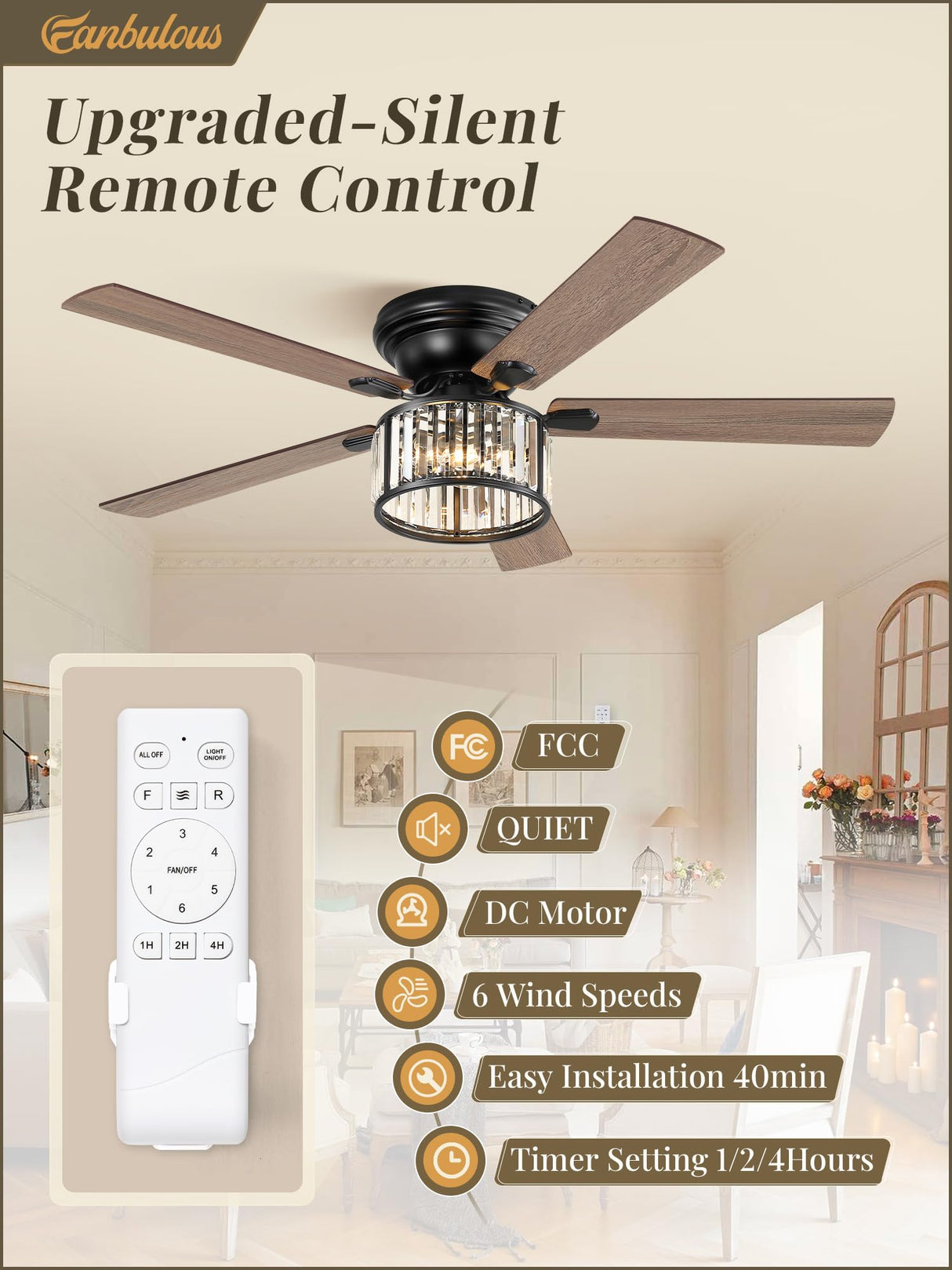 56 Inch Farmhouse Chandelier Ceiling Fan with Remote Control, Black Indoor Crystal Ceiling Fan with 6-Speeds, Quiet Reversible DC Motor, Flush Mount Ceiling Fan with Lights for Bedroom, Living Room Fanbulous
